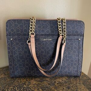 Calvin Klein Navy Monogram Tote with Beige Strap and Gold Chain